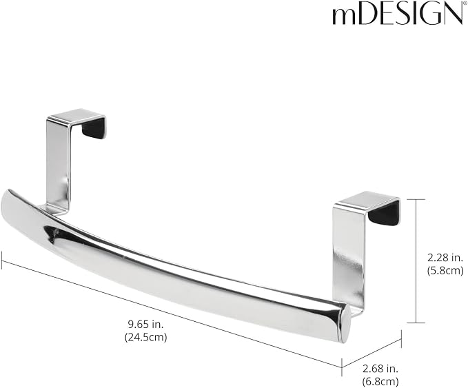 mDesign Steel Over Door Curved Towel Bar Storage, Hanger for Cabinet or Cupboard, Holder Rack for Kitchen, Bathroom - Holds Hand/Dish Towels, Washcloths - Spira Collection - 2 Pack - Chrome