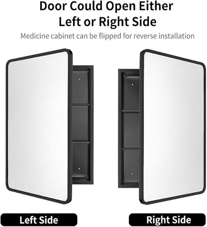 Movo Black Metal Framed Bathroom Mirror Medicine Cabinet, 20 Inch x 31 Inch, Tilting Beveled Vanity Mirror, Recess or Surface Mount Installation