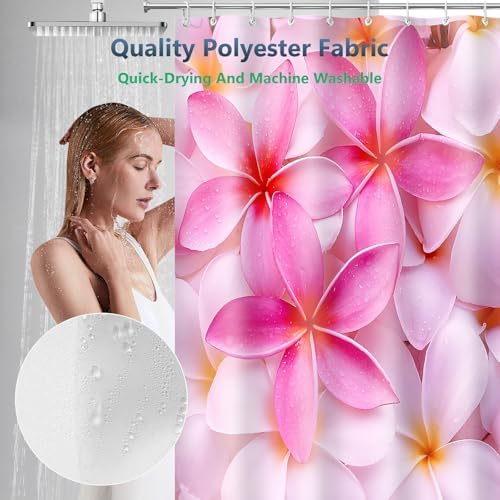 Pink White Plumeria Tropical Flower Shower Curtain with Hooks 72 x 72 Inch