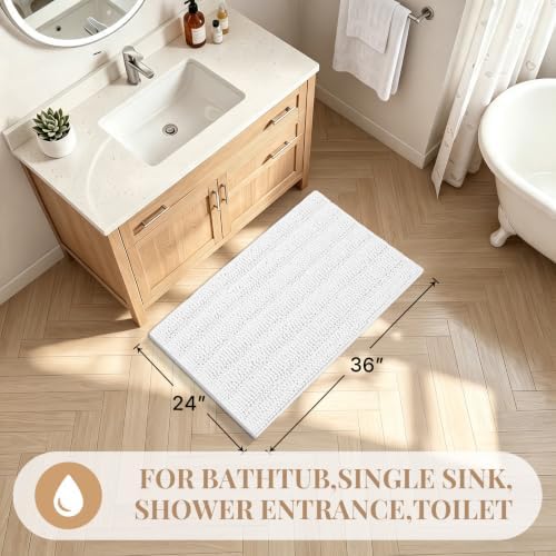 Bcoimo Bath Rug Mat,36x24 Chenille Non Slip White Bathroom Floor Shower Mat