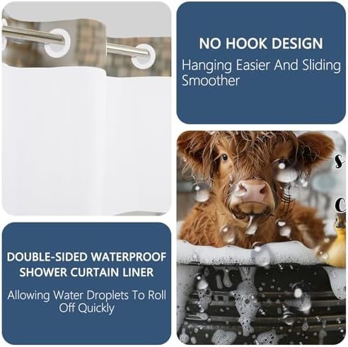 No Hook Highland Cow Shower Curtain and Liner Set 71x74 Inch