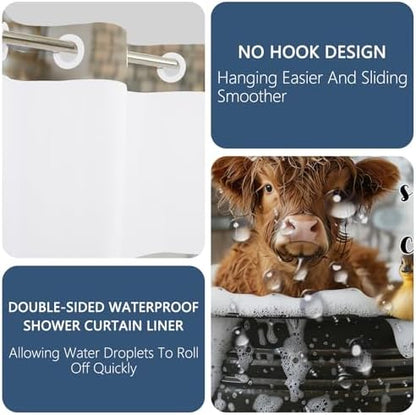 No Hook Highland Cow Shower Curtain and Liner Set 71x74 Inch