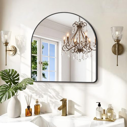 GLASHOM Arched Bathroom Vanity Mirror, 24"x24" Black Frame Wall Mirror