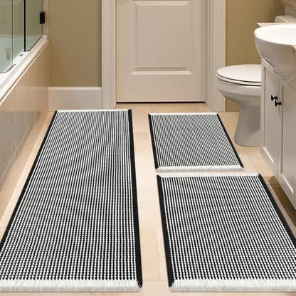 IM HOME Waffle Bath Mat Set 3 Piece Black & White,Woven Modern Bath Rug Mats, Absorbent Non Slip Bath Floor Mat, Soft Washable Boho Bath Rugs with Tassels for Bathroom, Bedroom, Kitchen