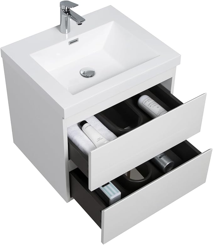 Modern 24" Floating Bathroom Vanity with Sink | Advanced Wall-Mounted Cabinet, Resin Top Basin, Soft Close Drawers | Easy to Install Glossy White