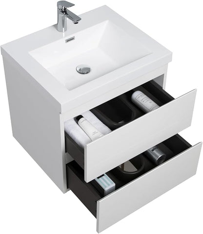 Modern 24" Floating Bathroom Vanity with Sink | Advanced Wall-Mounted Cabinet, Resin Top Basin, Soft Close Drawers | Easy to Install Glossy White