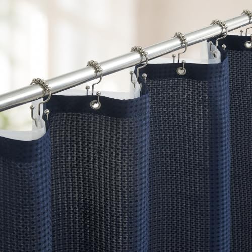 3 in 1 Waffle Shower Curtain Set, Shower Curtain and Liner Set with 12 Double Sided Shower Curtain Hooks, 72 x 84 Fabric Shower Curtains for Bathroom, Navy Blue
