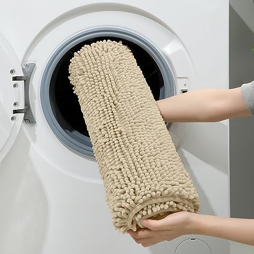 HOMEIDEAS Beige Chenille Bathroom Rugs Set of 3, Non Slip Bath Mat