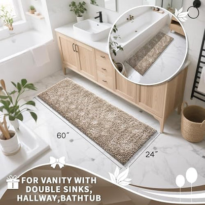 Yimobra Long Bathroom Rugs Runner 60x24 Inch, Extra Thick Soft Absorbent Chenille Bath Mat, Non Slip Machine Washable, Quick Dry Bath Rugs for Bathroom Floor, Tub and Shower, Camel