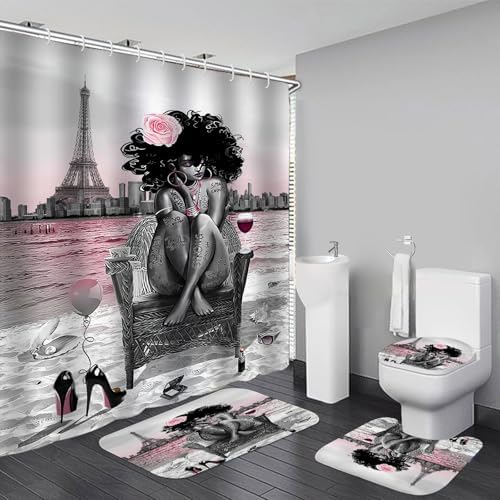 African American Woman Bathroom Shower Curtain Set, Pink Grey