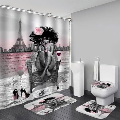 African American Woman Bathroom Shower Curtain Set, Pink Grey