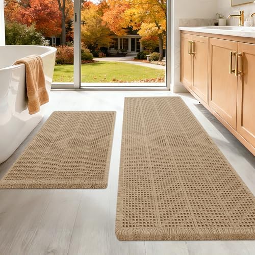 Upgraded Waffle Bath Mat Set 2 Piece Beige-Herringbone, Super Absorbent Non-Slip Quick Dry Bathroom Rugs with Tassels, Machine Washable Ultra Soft Boho Bath Rugs, Toilet Mats Boho Farmhouse Decor