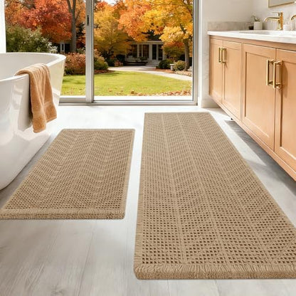 Upgraded Waffle Bath Mat Set 2 Piece Beige-Herringbone, Super Absorbent Non-Slip Quick Dry Bathroom Rugs with Tassels, Machine Washable Ultra Soft Boho Bath Rugs, Toilet Mats Boho Farmhouse Decor