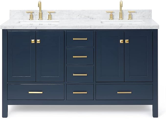 ARIEL Cambridge 60-inch Bathroom Vanity with Sink,Solid Wood, 1.5-inch Italian Carrara Marble Countertop, Double Rectangular Porcelain Sink, 4 Soft Closing Doors, 6 Dovetail Drawers, Midnight Blue