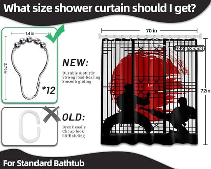 Japanese Shower Curtain Japan Anime Asian Black and Red Shower Curtains for Mens Bathroom Decor Sets, Waterproof Cloth Fabric with Hooks, 70x72 Inch