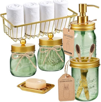 SheeChung Mason Jar Bathroom Accessories Set, 6Pcs Green Glass Bathroom Set