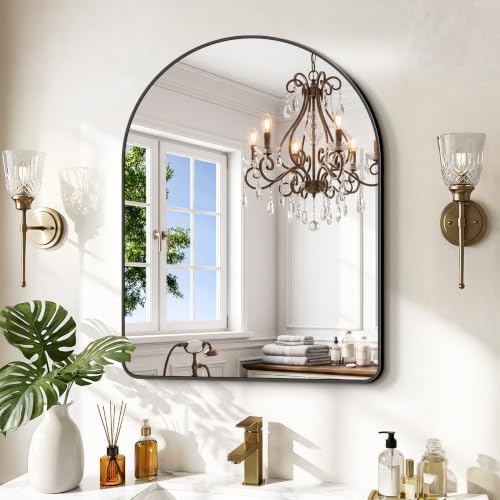 GLASHOM Arched Bathroom Vanity Mirror, 24"x30" Black Frame Wall Mirror