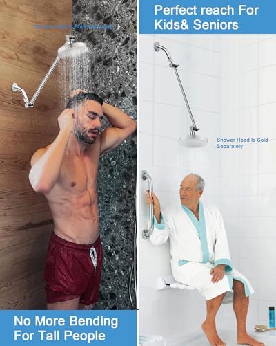 15 Inch Extra Long Adjustable Shower Head Extension Arm With Locking Set Screw, Singing Rain 304 Stainless Steel Chrome Angle Height Adjustable, G1/2 Universal Connector Compatible (Chrome Finish)
