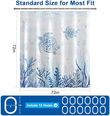 Blue Sea Turtle Shower Curtain with Hooks, Summer Ocean Waterproof Shower Curtains with Weighted Hem and Metal Grommets, Machine Washable Coastal Shower Curtain for Bathroom Decor, 72x72 Inches