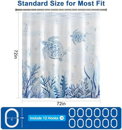Blue Sea Turtle Shower Curtain with Hooks, Summer Ocean Waterproof Shower Curtains with Weighted Hem and Metal Grommets, Machine Washable Coastal Shower Curtain for Bathroom Decor, 72x72 Inches