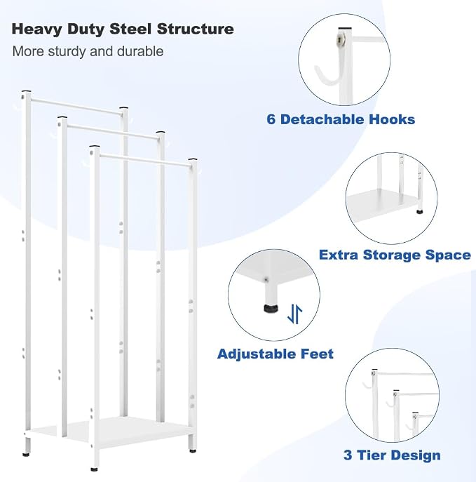 44 Inch Tall Free Standing Towel Rack, White | 3 Tiers Heavy Duty Blanket Drying Stand Holder with Metal Storage Shelf & 6 Hooks for Bathroom, Pool, Bedroom, Living Room