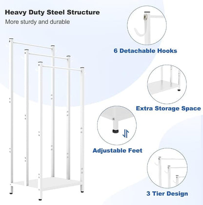 44 Inch Tall Free Standing Towel Rack, White | 3 Tiers Heavy Duty Blanket Drying Stand Holder with Metal Storage Shelf & 6 Hooks for Bathroom, Pool, Bedroom, Living Room