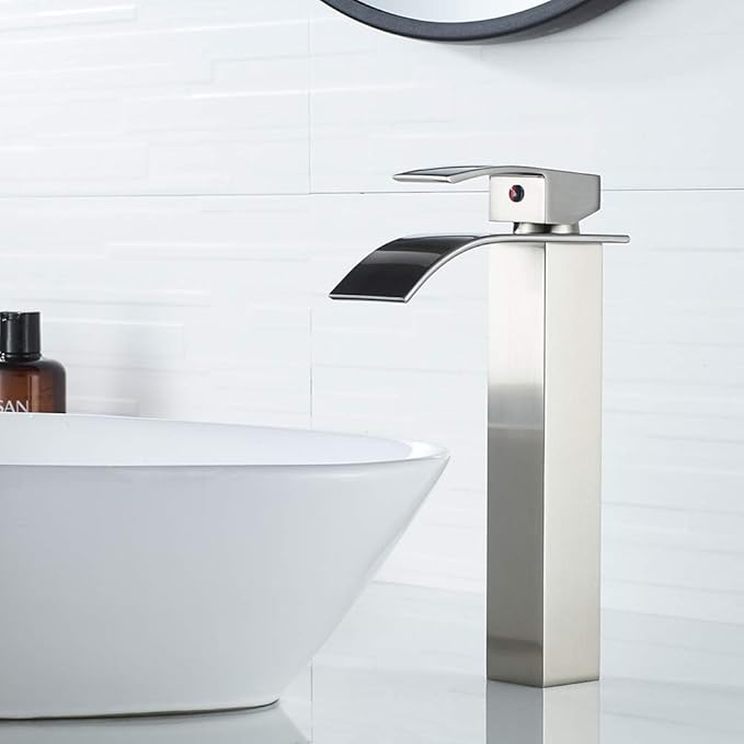 VOTON Vessel Sink Faucet Brushed Nickel Modern Tall Waterfall Bathroom Sink Faucet Single Handle Bathroom Faucet 1 Hole Bowl Lavatory Vanity Faucet, Rv Sink Camper Farmhouse Bathroom Faucet