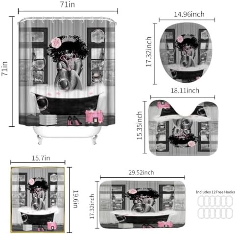 5Pcs Black Girl Shower Curtain Set with Decorative Painting, African American Wall Painting Bathroom Sets with Shower Curtain and Rugs, Trendy Women’s Bathroom Pictures for Wall Art Decor