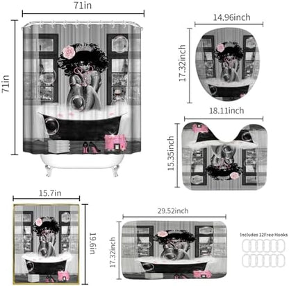 5Pcs Black Girl Shower Curtain Set with Decorative Painting, African American Wall Painting Bathroom Sets with Shower Curtain and Rugs, Trendy Women’s Bathroom Pictures for Wall Art Decor