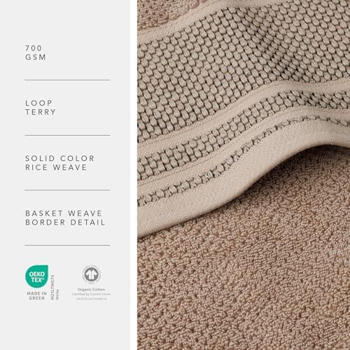 Texere 100% Organic Cotton Rice Weave Jacquard 700 GSM Luxury Bath Towel Sets - Ultra Soft and Absorbent Hotel and Spa Quality (Rice Weave, Oxford Tan, 2 Bath Towels)