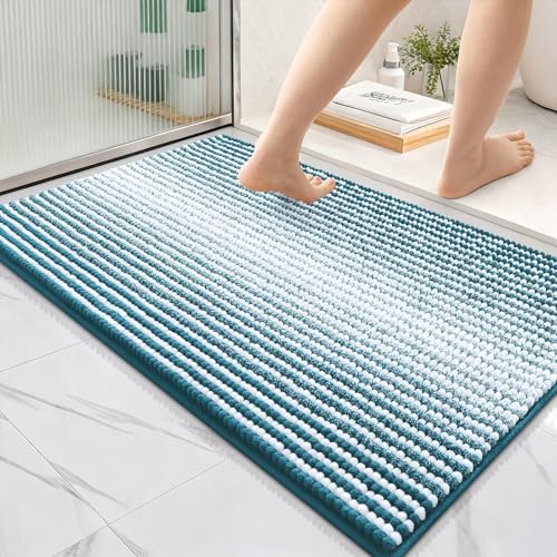 OLANLY Bathroom Rugs 36x24, Soft Chenille Striped Bath Rugs, Peacock Blue