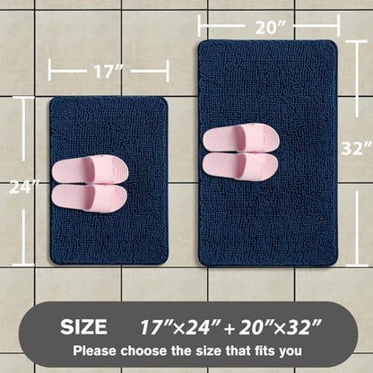 Navy Blue Bathroom Rugs Sets 2 Piece – Absorbent and Washable Bath Mat, Non-Slip, Thick Soft Chenille Bath Rugs for Bathroom Floor, Shower, Sink - 17" x 24"+20" x 32"