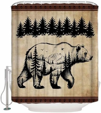 Shower Curtain Bathroom Set Bear Forest Mountains Animal Silhouette Waterproof Shower Curtains with Grommets Hooks Vintage Brown Gradient Privacy Bath Curtain for Bathtub Decor 60x72in