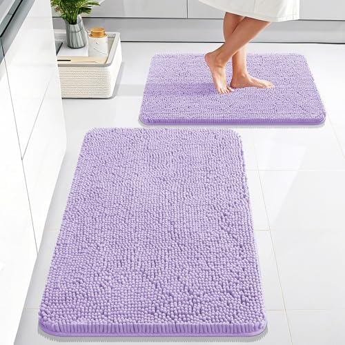 OLANLY Chenille Bathroom Rugs Mats Sets 2 Piece, 30"x20"+24"x16", Lavender