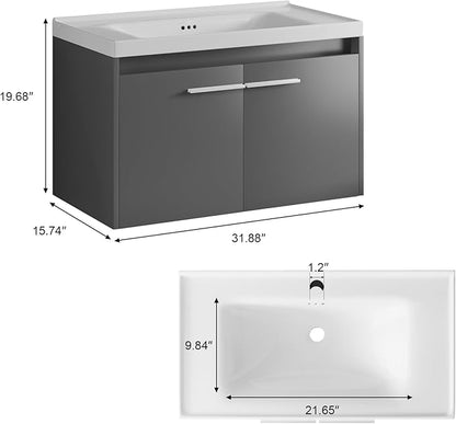 4ever2buy 31" Floating Bathroom Vanity with Sink, Modern Bathroom Vanity with LED Light, Wall Mounted Sink Cabinet with 2 Doors, Grey