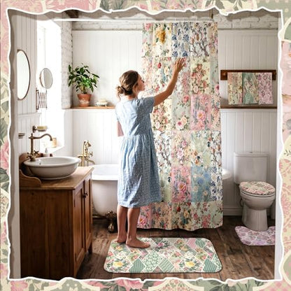FuWeave 8 Pcs Vintage Floral Shower Curtain Set Girly Bathroom Decor Flower Waterproof Bathroom Accessories Rustic Farmhouse Shower Curtain Sets with Towels Carpet Bath Mat Toilet Rugs and 12 Hooks