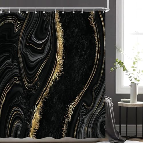 NBVKO 4Pcs Black Gold Marble Shower Curtain Sets with Rugs Bathroom Sets with Shower Curtain and Rugs Modern Abstract Bathroom Decor Accessories Shower Curtains for Bathroom Toilet Lid Cover