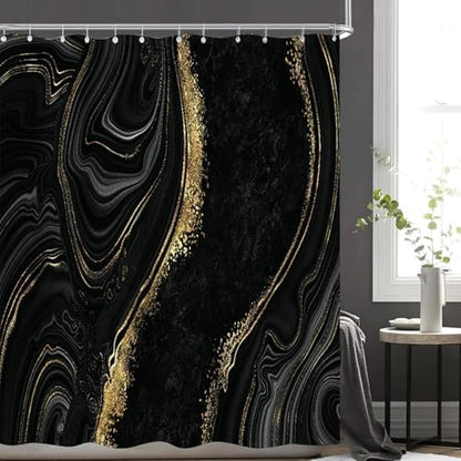 NBVKO 4Pcs Black Gold Marble Shower Curtain Sets with Rugs Bathroom Sets with Shower Curtain and Rugs Modern Abstract Bathroom Decor Accessories Shower Curtains for Bathroom Toilet Lid Cover