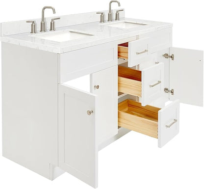 ARIEL Hamlet 60-inch Bathroom Vanity with Sink,Solid Wood, 1.5-inch Carrara White Quartz Countertop & Backsplash, Double Rectangular Porcelain Sink, 4 Soft Closing Doors, 3 Dovetail Drawers, White