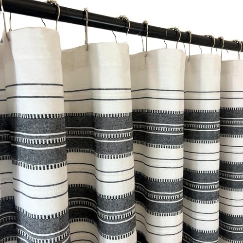 Serafina Home Black & White Striped Cotton Bathroom Shower Curtain, 70x72