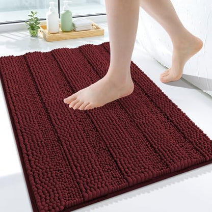 Grandaily Chenille Striped Bathroom Rugs 24x16, Extra Thick and Soft Absorbent Bath Mats, Rubber Backing, Plush Shaggy Shower Carpet, Machine Wash Dry, Bath Rug for Bathroom, Reddish Brown