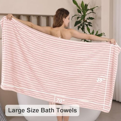 8 Pcs Pink Cabana Stripe Large Bath Towels Set Oversized Bath Sheet-2 Bathroom Towels,2 Hand Towels,4 Washcloths Soft Jumbo Absorbent Shower Towel Quick Dry Beach Chair Towel Spa Gym Hotel