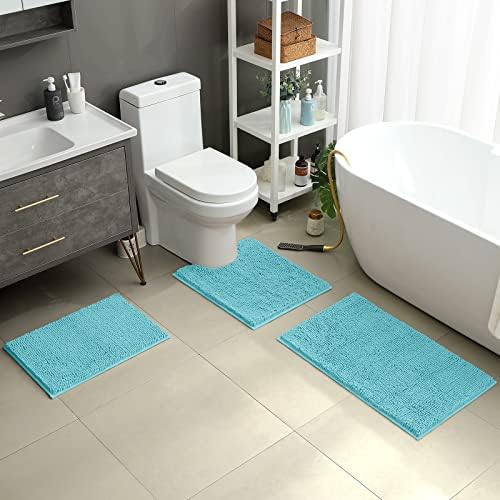 HOMEIDEAS Aqua Blue Chenille Bathroom Rugs Set of 3, Non Slip Bath Mat