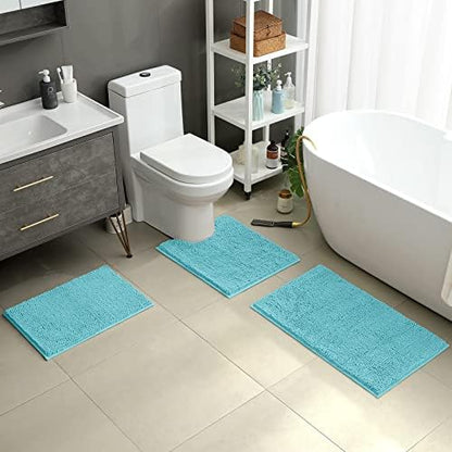 HOMEIDEAS Aqua Blue Chenille Bathroom Rugs Set of 3, Non Slip Bath Mat