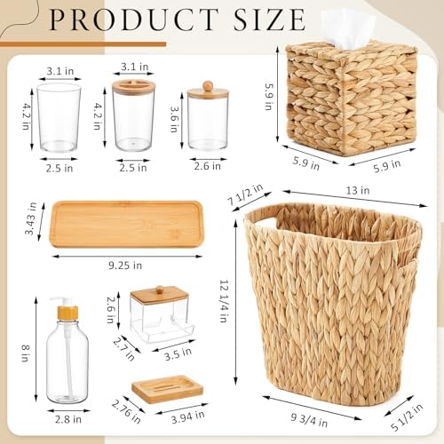 Teenyyou 9-piece Handwoven Wicker Bathroom Set, 15L / 4 Gallon Natural Water Hyacinth Trash Can, Tissue Holder, Soap Dispenser, Toothbrush Cup, Vanity Tray & Storage Jars