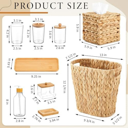 Teenyyou 9-piece Handwoven Wicker Bathroom Set, 15L / 4 Gallon Natural Water Hyacinth Trash Can, Tissue Holder, Soap Dispenser, Toothbrush Cup, Vanity Tray & Storage Jars