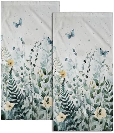 Sage Green Leaves Hand Towels Set of 2-28x14 Inch Summer Botanical Floral Leaf Butterflies Soft Highly Absorbent Face Dish Cloth for Kitchen Bathroom Gym Poolside Spa Decor