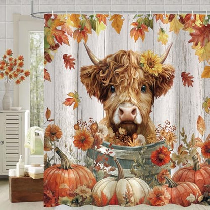 Fall Highland Cow Shower Curtain, Funny Autumn Pumpkin Farmhouse Thanksgiving Bathroom Decor, 72 x 72 Inch Polyester Fabric Waterproof Bathroom Curtain with 12 Hooks
