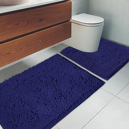 Bathroom Rugs Chenille Bath mat 2 Piece Set, Super Absorbent, Strong PVC Non Slip Backing, Bath mats for Bathroom, Plush Shaggy, Thick, Machine Washable, Bathtub, Toilet.(Navy Blue)