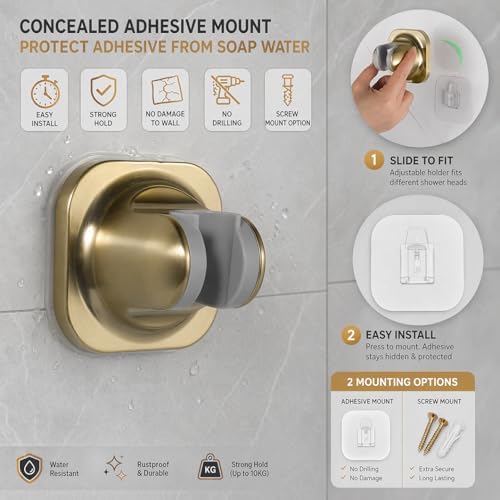 Handle held Shower Head Holder Wall Mount -Adjustable in 5 Positions - Dual Mount Option (Screw/Adhesive) - Brushed Gold